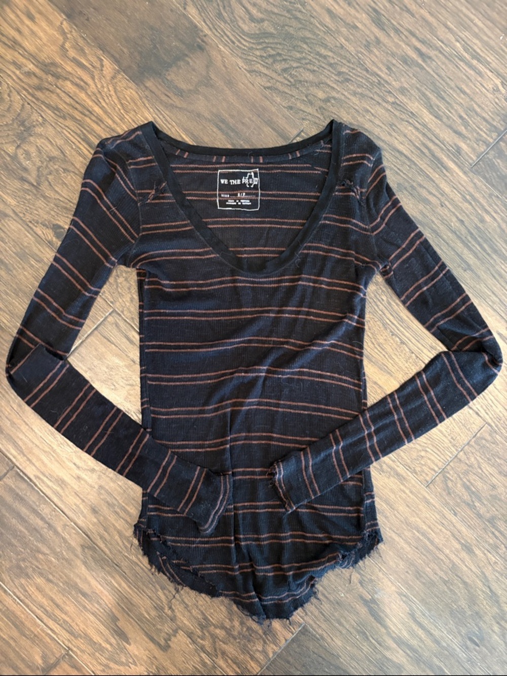 We The Free Black with Rust Stripe Scoop Neck Long Sleeve Tee